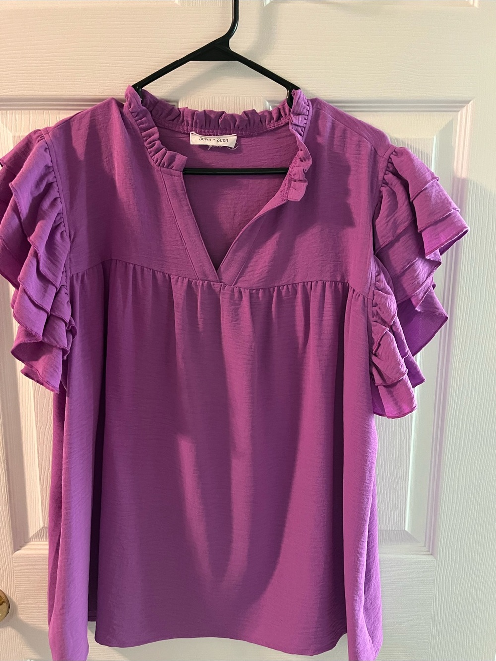 Ruffle Sleeve V-Neck Blouse in Purple